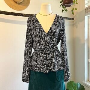 Max Studio Polka Dot Black & White Ruffled Long Sleeve Wrap Blouse Size Medium